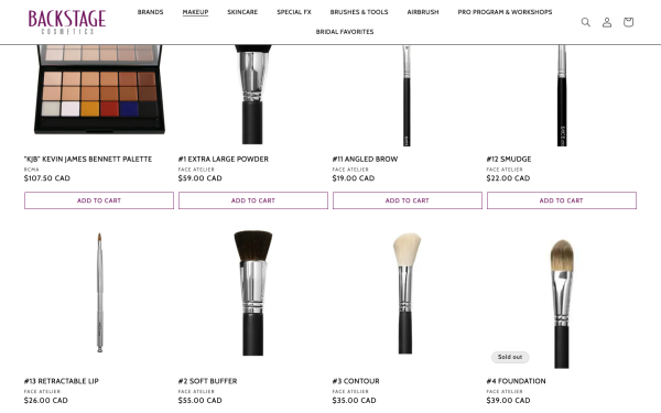 Backstage Cosmetics product grid screenshot