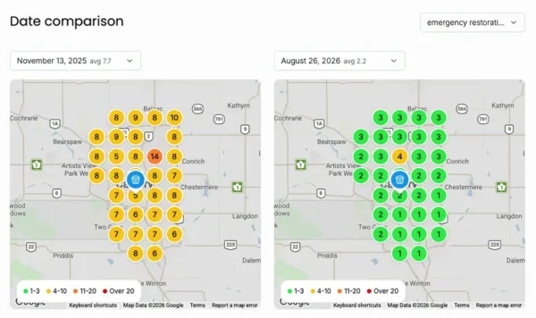 Geo-grid map for "emergency restoration services Calgary" improving from 7.7 to 2.2