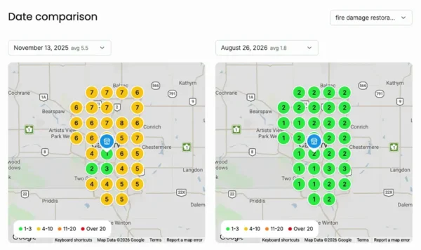 Geo-grid map for "fire damage restoration Calgary" improving from 5.5 to 1.8