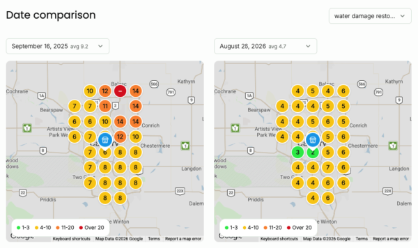 Geo-grid map for "water damage restoration Calgary" improving from 9.2 to 4.7